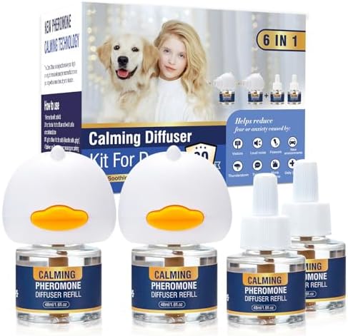 Dog Calming Pheromones Diffuser 6 in 1 Kit Appeasing Pheromone Diffuser to Calm (2 Plug in+4 Pack 48ml Refill) for Anxiety Relief Reduce Aggression Fighting Barking Stress 120 Day Supply(Tasteless)