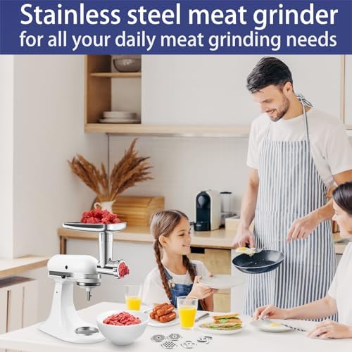 Stainless Steel Food Grinder Attachment for KitchenAid Stand Mixers, Meat Grinder Accessories Including Sausage Stuffer Tubes & Holder, Grinding Plates, Grinding Blades
