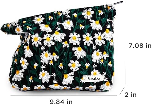 Makeup Bag Cosmetic bag Preppy Canvas Embroidery Toiletry Bag for women Cute zipper pouch Organizer Travel accessories (Little Daisy-Black, Large)