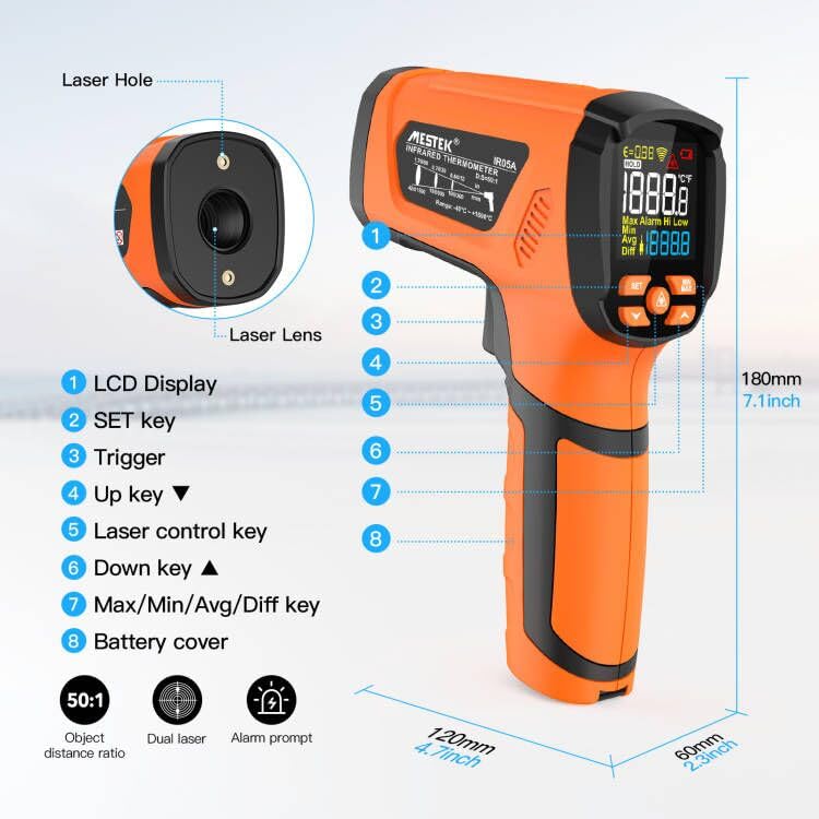 MESTEK Infrared Thermometer Temperature Gun, -40℉~2912℉, High Temp Infrared Thermometer with Color LCD, Non-Contact Pyrometer 50:1 Laser Thermometer Gun for Industrial HVAC Forge Metal Smelting