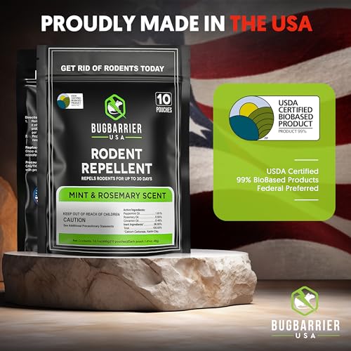 BugBarrier's Extra-Strength Mouse Repellent Pouches, USDA 99% Biobased, Peppermint & Rosemary Oils Repel Mice Nesting & Freshen Air in Car, RV, Boat, Garage, Shed, Cabin Made in The USA (Pack of 10)