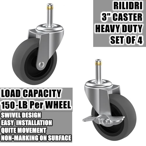 3-Inch Swivel Stem Caster for Rubbermaid Mop Bucket Utility Cart, 7/16-Inch Stem Diameter Rubber Wheel Set of 4 with Side Brake, Heavy Duty TPR Weber Grills Shop Vac Replacement Wheels