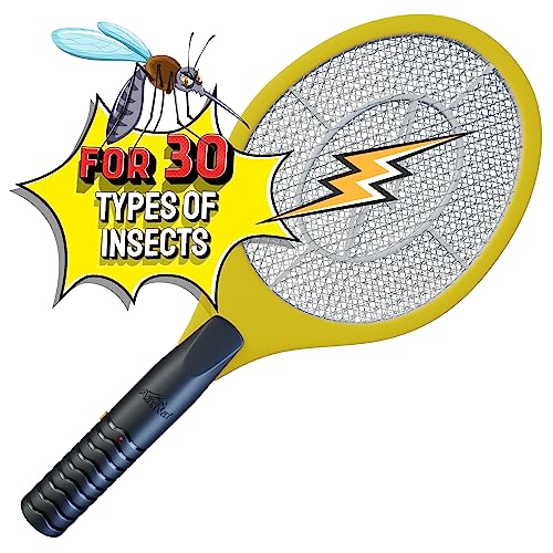 ASISNAI Bug Zapper 18" Electric Fly & Mosquito Swatter Racket - Outdoor/Indoor Killer for Flies, Battery-Operated Tennis Killing Zap, 3000 Volts Electronic Catcher, 2 AA Batteries Included - Yellow