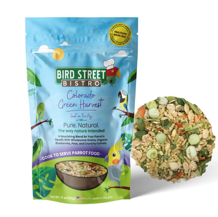 Bird Street Bistro Parrot Food - Parrot Food - Cooks in 3-15 min w/Natural Whole Grains, Legumes, Non-GMO Fruits, Vegetables & Health-Oriented Spices.