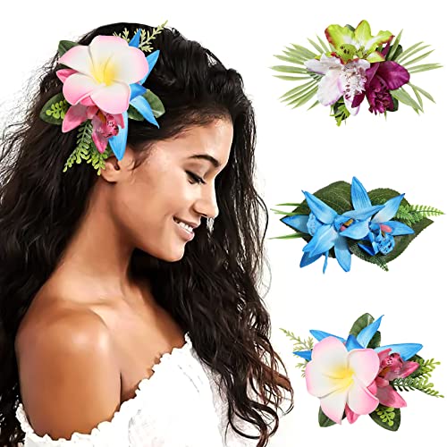 HAIMEIKANG Hair Clip, 3 Pieces Hawaiian Flower Hair Pins - Artificial Tropical Flower Hair Accessories for Women in Blue, Pink, Purple