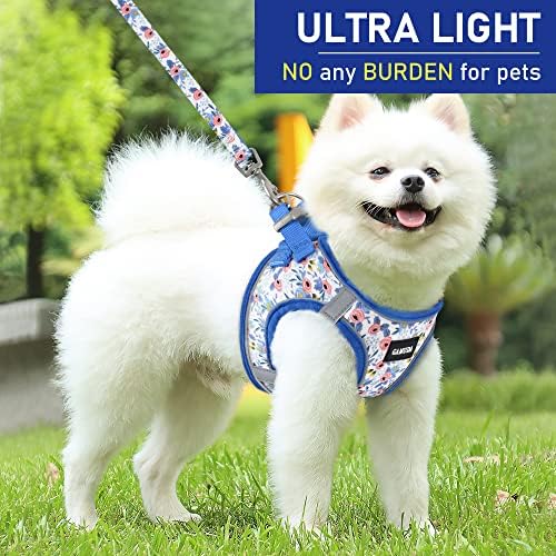 GAMUDA Small Dog Harness Collar and Leash Set, Step in No Chock No Pull Soft Mesh Adjustable Dog Vest Harnesses Plaid Reflective for Dogs Puppy Cats Kitten Rabbit (Blue Flower, S)