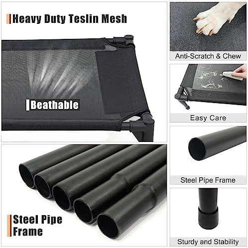 Elevated Dog Bed for Small Dogs, Raised Dog Cot Beds Fits Up to 150 LBs, Heavy Duty Pet Cots with Durable Supportive Teslin Recyclable Washable Mesh, Indoor & Outdoor Dog Bed, Black