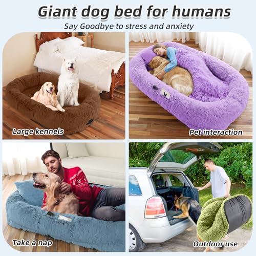 Human Dog Bed, 71''x45''x12'' Size Fits You and Pets, Washable Faux Fur Dog Bed for People Doze Off, Napping Orthopedic Dog Bed, Present Plump Pillow, Blanket, Strap - GreenWhite