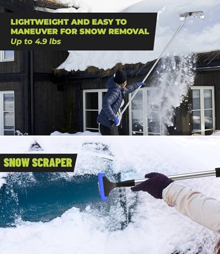 MYTOL 4.9'-20' Snow Rake for House Roof, Snow Scraper for Car Included, 26" Aluminum Blade with Wheels, Extension Tubes & Anti-Skid Handle, Lightweight Snow Roof Rake for Snow, Leaves, Debris Removal