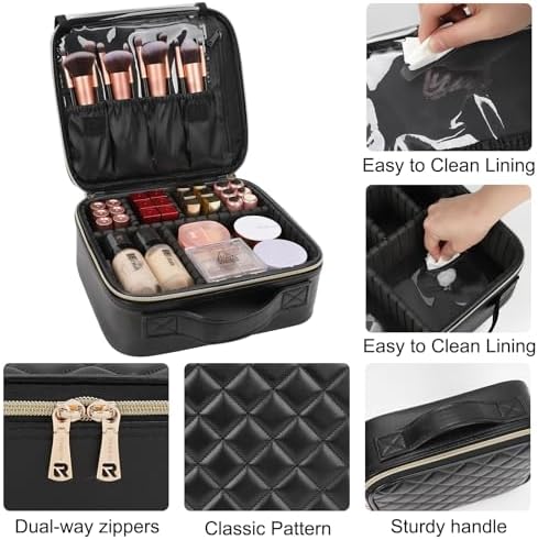 Relavel Makeup Bag, Travel Cosmetic Train Case Organizer Portable Artist Storage Bag with Adjustable Dividers for Cosmetics Makeup Brushes Toiletry Jewelry Digital Accessories Quilted Leather Black