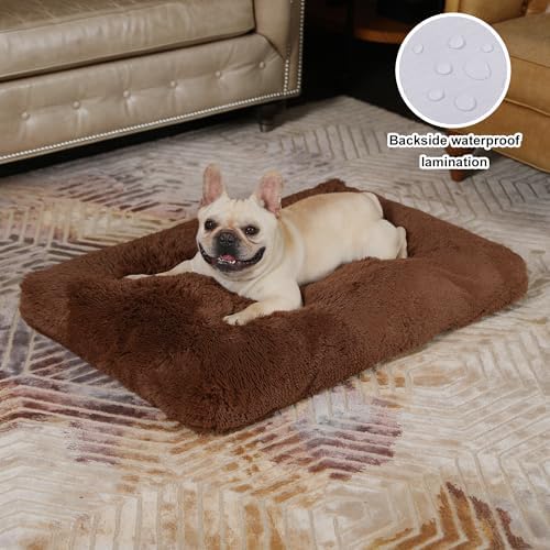 Bedfolks Waterproof Dog Crate Bed,Plush Dog Crate Pad with Removable Cover,Faux Fur Dog Bed for Medium Dogs,Fluffy Washable Dog Kennel Bed 29"x21",Solid Brown