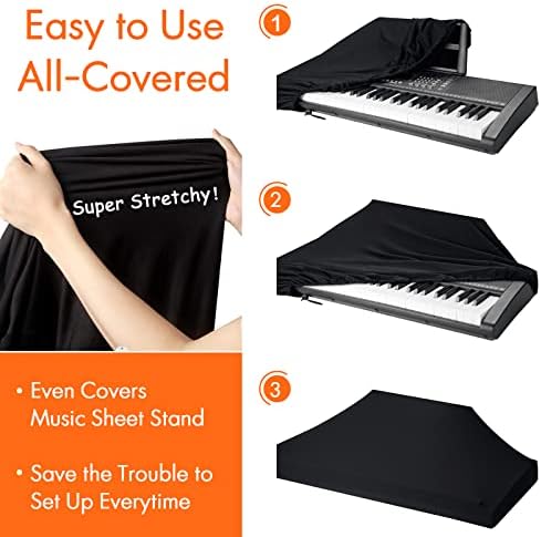 76 Keys Piano Keyboard Cover, Stretchy Music Dirt Proof Electronic Keyboard Cover With Durable Elastic & Cord Lock Must Have Piano Accessories, Black