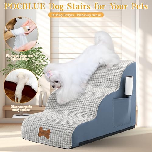 Dog Stairs for Small Dogs, Wide Pet Step with Removable Cover, No Assembly High Density Foam Cat Ramp for Bed or Sofa, 4-Step, Grey