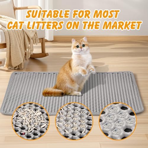 30x24 Inch Cat Litter Mat Double Layer Non-Slip Odor-Free Litter Box Mat,Waterproof and Urine Proof Litter Mat,Scatter Control, Less Waste,Easier to Clean(Gray)