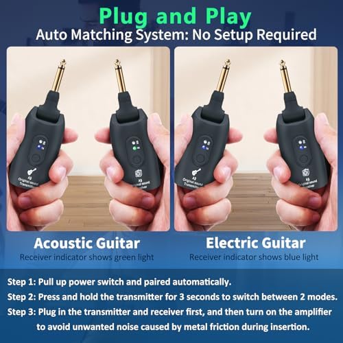 A9 Wireless Guitar System - 2.4GHz Guitar Accessories Transmitter Receiver, 24-bit 48KHz Audio, 100ft Range, No Latency, 4-Hour Rechargeable Battery, for Electric Guitar Bass (Black(2TX+1TX))