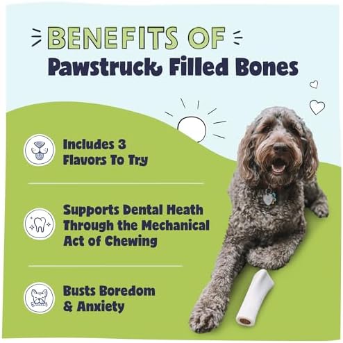 Pawstruck Large 5-6” Filled Dog Bones Variety Pack – Peanut Butter, Cheese & Bacon, Beef Flavors – Made in USA Long Lasting Stuffed Femur Treat for Aggressive Chewers – Pack of 3 – Packaging May Vary