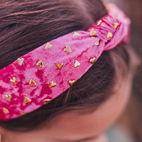 FROG SAC Pink Heart Headband for Girls, Studded Knotted Valentines Day Headbands for Kids, Cute Stud Knot Vday Head Bands, Little Girl Velvet Hair Accessories, Fashion Hair Bands for Children