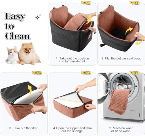 Dog Car Seats for Small/Medium Dogs Up to 35 lbs – Portable Memory Foam Dog Seat for Car with Anti-Slip Design, 2 Adjustable Safety Leashes & Storage Pockets(Black/Brown, Medium)