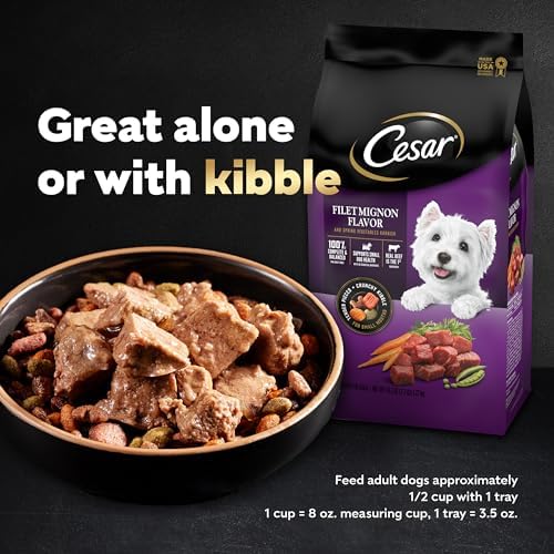 CESAR Adult Wet Dog Food Loaf & Topper in Sauce Rotisserie Chicken Flavor with Bacon & Cheese, 3.5 oz. Easy Peel Trays, Pack of 24