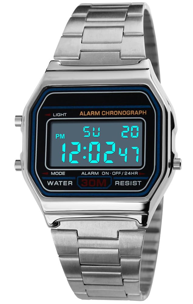 Unisex Men's Digital Watch Silver Stainless Steel LED Backlit Electronic Multifunction Date Alarm Stopwatch Square Woman Waterproof Sport Watches (Silver)