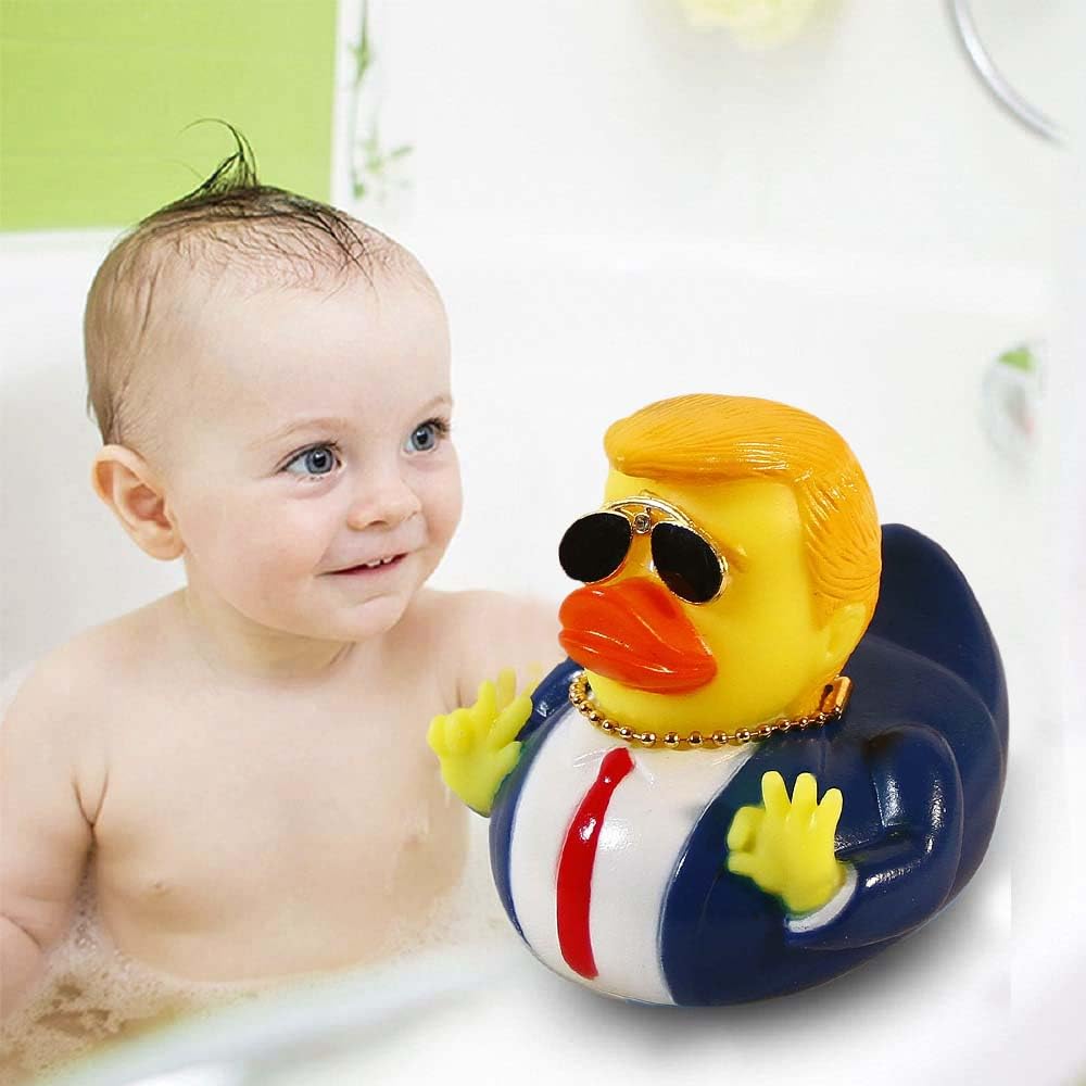 TAOHUAJIANG Rubber Ducks Trump Car Duck Dashboard Decoration Squeak Ducks Toys Car Ornaments Car Décor Accessories with Sunglasses,Defense Accessory and Gold-Plated Necklace (Style F)