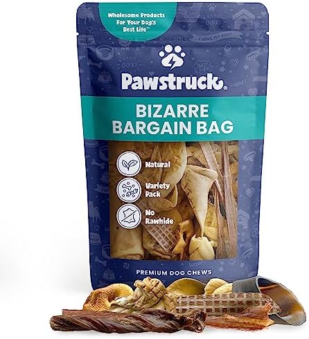 Pawstruck Bizarre Bargain Bag Assorted Natural Dog Chew Treats - Animal Ears, Jerky, Bones, Hooves, Beef Straps - Long Lasting Rawhide Alternative for Chewers, All Breeds - 1 lb, Packaging May Vary