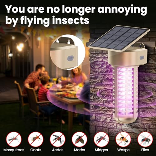 Solar Bug Zapper Outdoor, Garden Mosquito Zapper Waterproof & Cordless & Rechargeable & Auto On/Off,Flying Insect Zapper Mosquito Killer Lamp Mosquito Catcher Decorative Light for Patio, Gold