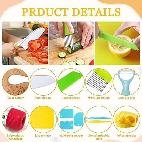 RISICULIS 21 Pieces Toddler Knife, Kids Knife Set Includes Wood Kids Safe Knife, Plastic Toddler Knife, Cutting Board, Apron, Chef Hat, Y Peeler, Crinkle Cutter, Cake Scraper, Gloves, Sandwich Cutter