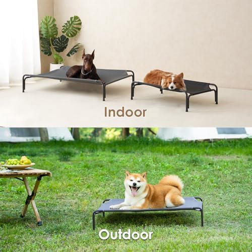 EHEYCIGA Tool-Free Assembly Elevated Large Dog Cot Bed, Raised Outdoor Dog Hammock, Lifted Pet Platform with Frame and Washable Waterproof Cooling Teslin Mesh and Anti-Slip Feet, 43x26 inch