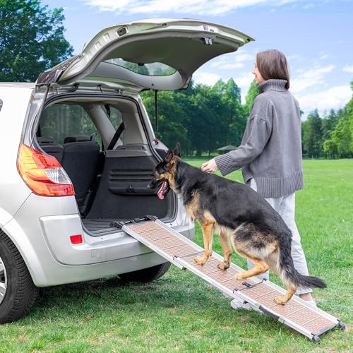Dog Ramp for Car - Stable Anti-Slip Dog Car Ramp for Large Dogs - 63" Long & 15" Wide - 250LBS Capacity - Telescoping Pet Ramp - Lightweight - Reflective Sides - Fixing Clip - Desert Sand