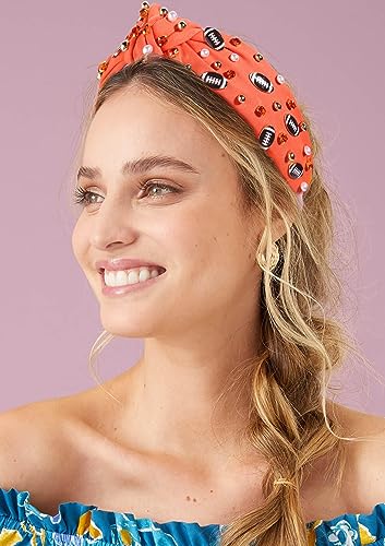Football Headband Pearl Rhinestone Jeweled Knotted Headband Fun Sports White Hot Pink Black Blue Football Embellished Wide Top Knot Hairband Headpiece Game Day Sports Hair Accessories Gift for