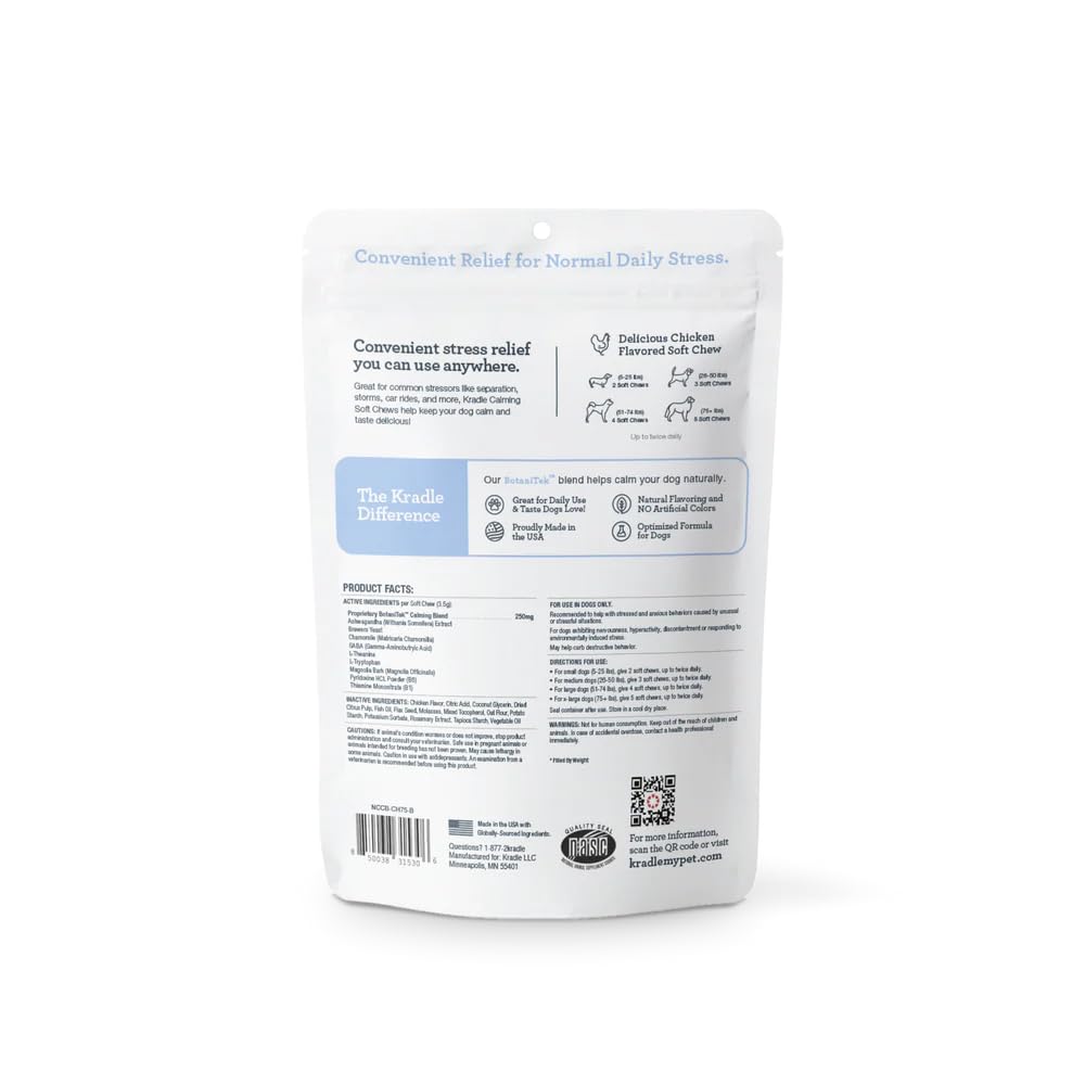 Kradle Calming Chews for Dogs -Vet Formulated with L-Theanine, Ashwagandha and GABA for Managing Normal Stress and Promoting Relaxation - Chicken Flavored Calming Supplement - 75 Soft Chews