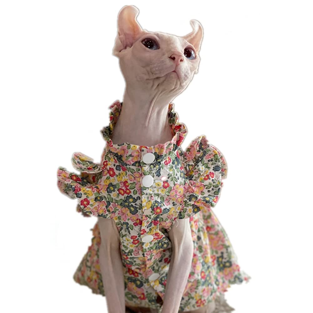 WCDJOMOP Hairless Cat Clothes - Breathable Summer Cotton Puff Sleeve Floral Dress Romantic Girly Skirt Elegant Soft Princess Dress for Sphynx, Cornish Rex, Devon Rex, Peterbald Cat (XXL-,Floral)