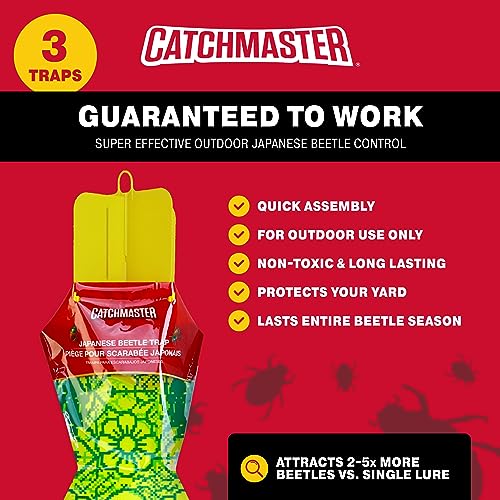 Catchmaster Japanese Beetle Traps Outdoor 3PK, Flying Insect Trap Bag with Dual Pheromone Food Lure, Hanging Bug Catcher for Backyard & Garden, Pest Control for Plants, Trees, Vegetables & Flowers