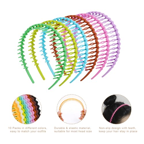 WOVOWOVO Plastic Headbands for Women Teen Girls Men, 10 Packs Thin Headband with Teeth Non Slip, Spring Hot Summer Bright Pink Green Hairband Hair Accessories
