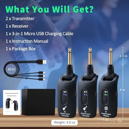 A9 Wireless Guitar System - 2.4GHz Guitar Accessories Transmitter Receiver, 24-bit 48KHz Audio, 100ft Range, No Latency, 4-Hour Rechargeable Battery, for Electric Guitar Bass (Black(2TX+1TX))