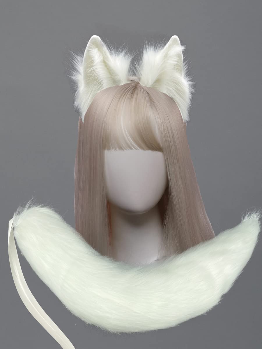 CoFoWo Handmade White Wolf Ears and Tail Set,Animal Tail and Ears set,Cosplay accessory, Halloween Christmas Fancy Party Furry Costume, Funny Gifts