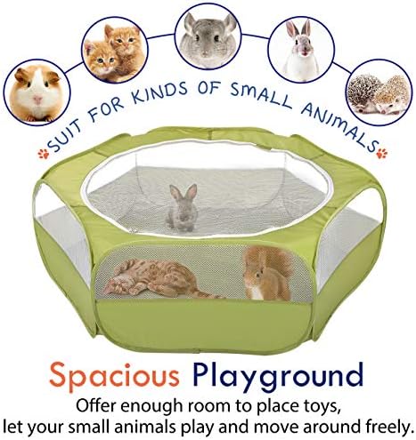 Pawaboo Small Animals Playpen, Waterproof Small Pet Cage Tent with Zippered Cover, Portable Outdoor Yard Fence with 3 Metal Rod for Chick/Kitten/Puppy/Guinea Pig/Rabbits/Hamster/Chinchillas,Green