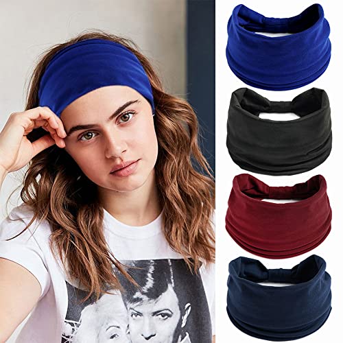 Boho Headbands For Women Fashion Stretch Wide Hair Bands Knoted Turban Head Bands Yoga Running Sweatband Elastic Headband Stylish Wrap Headbands Hair Accessories for Teen Girls 4 Pack