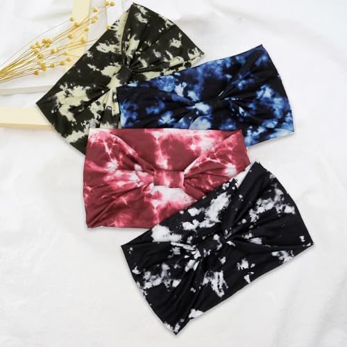 Huachi Tie Dye Headbands for Women Wide Head Wraps Boho Thick Hairbands Large African Sport Yoga Turban Headband Hair Accessories (Pack of 4)