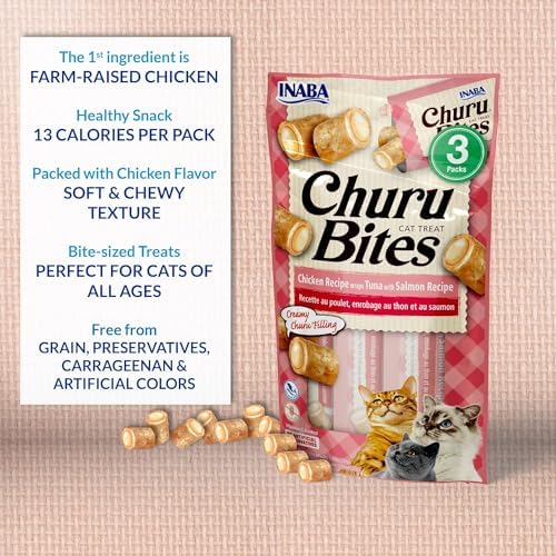 INABA Churu Bites for Cats, Soft Baked Chicken Churu Filled Cat Treats with Green Tea Extract, 0.35 Ounces Each Tube, 9 Tubes Total, Tuna with Salmon Recipe