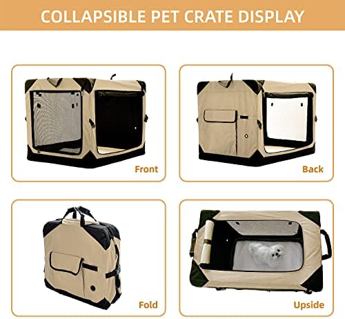 Pettycare 42 Inch Collapsible Dog Crate for Large Dogs, 4-Door Foldable Soft Dog Kennel with Chew Proof Mesh Windows, Indoor & Outdoor Travel Dog Crate, Soft Side Dog Crate,Beige