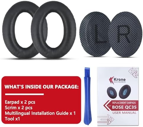 Premium Ear Pad Replacement for Bose Headphones Earpads, Compatible with Bose QuietComfort 35 ii /QC35 /QC25 /QC2 /QC15 /Ae2 /Ae2i /Ae2w /SoundTrue & SoundLink, by Krone Kalpasmos – Classic Black