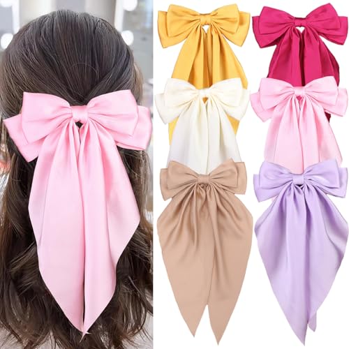 MRJ 6 Pcs Silky Satin Hair Bows Big Hair Ribbons for Women Large Hair Clips for Girls Hair Accessories Barrettes Metal Clips Bowknot Aesthetic