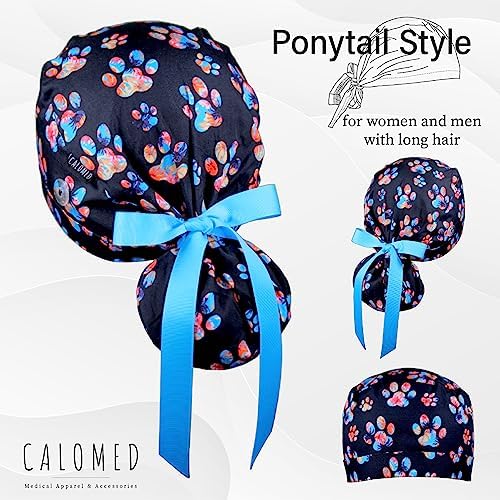 Scrub Cap for Women and Men, Ponytail Scrub Caps, Working Hat, Head Cover with Ribbon Ties and Buttons, Long Hair