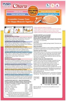 INABA Salmon Churu Cat Treats, Lickable, Squeezable Creamy Purée Cat Treat with Green Tea Extract & Taurine, 0.5 Ounces Each Tube, 60 Tubes, Salmon Variety Box