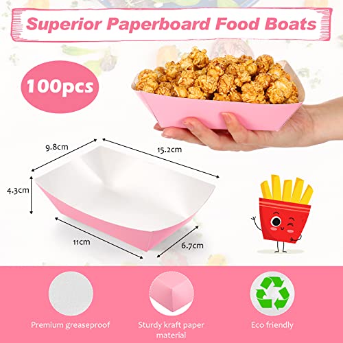 Yinkin 100 Pcs 2lb Paper Food Trays Boat 2lb Disposable Nacho Trays Kraft Paper Boat for Tacos Concession Halloween Christmas Party Supplies(Pink)
