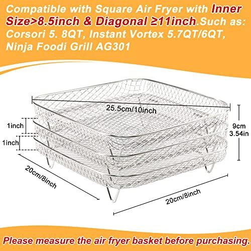 BYKITCHEN 8 inch Square Air Fryer Rack, Set of 3, Stackable Multi-Layer Stainless Steel Dehydrator Rack, Square Air Fryer Accessories for Cosori, Instant Vortex, Nuwave Airfryer, Ninja Foodi Grill