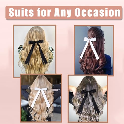 Oversized Long-Tail Hair Bows Set - 4 PCS Ribbons and Large Barrettes for Cute Aesthetic Hair Accessories for Girls (Black White)