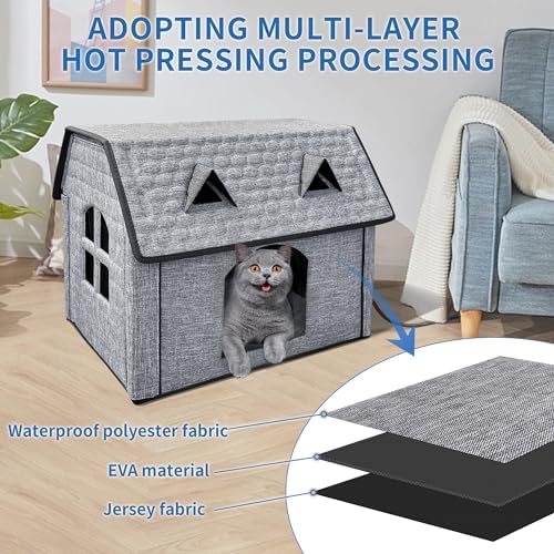 Heated Cat House with Pet Heating Pads, Intelligent Thermostat Cotroller, Cat Heating Shelter for Indoor Outdoor Kitty, Foldable Puppy Heated Bed with Cute Windows, Sturdy and Waterproof